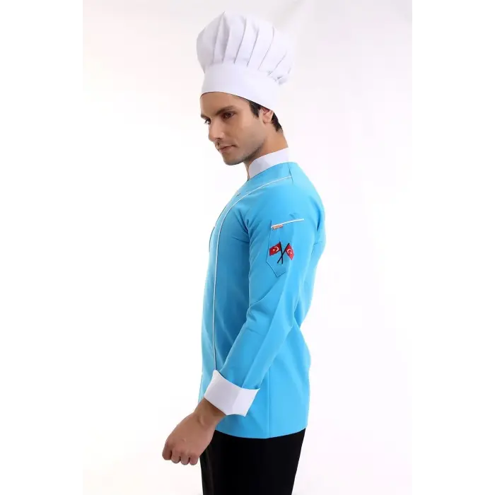 Erkek Aşçı Ceket 01 - Turkuaz Beyaz Biye