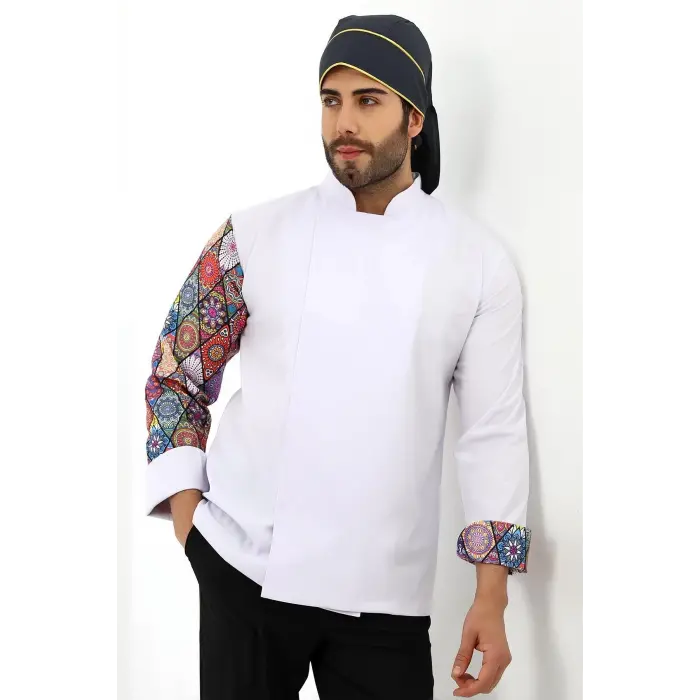 Erkek Likralı Kol Desenli Aşçı Ceket - 6401 Beyaz Çini