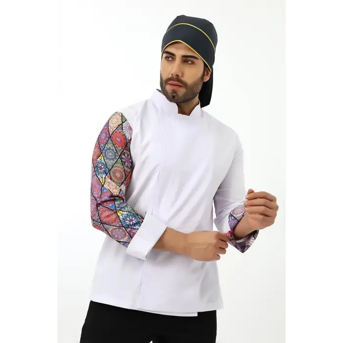 Erkek Likralı Kol Desenli Aşçı Ceket - 6401 Beyaz Çini