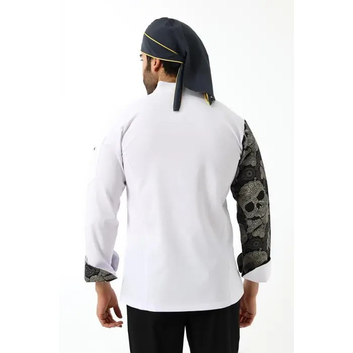 Erkek Likralı Kol Desenli Aşçı Ceket - 6401 Beyaz Kuru Kafa
