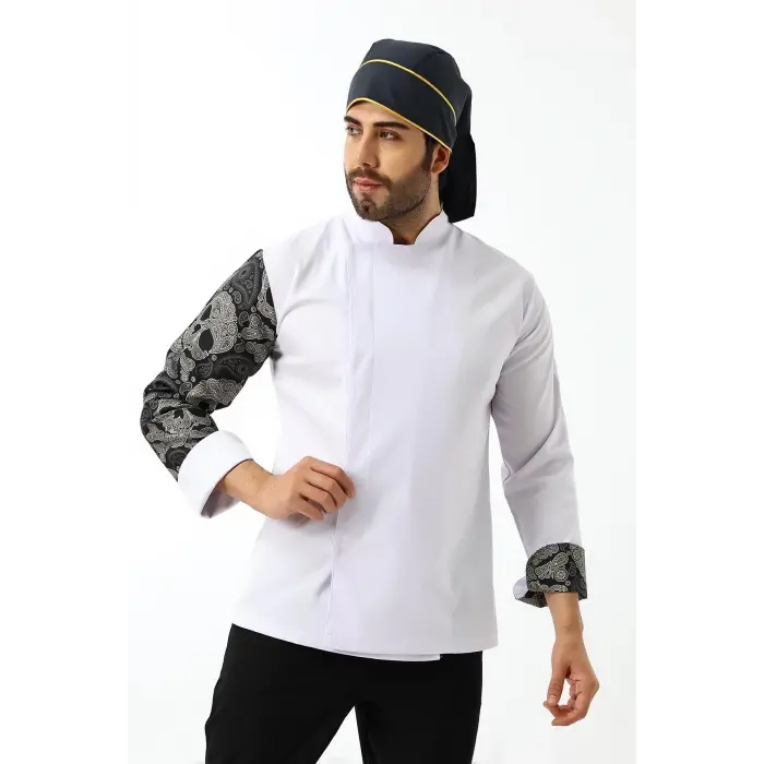 Erkek Likralı Kol Desenli Aşçı Ceket - 6401 Beyaz Kuru Kafa