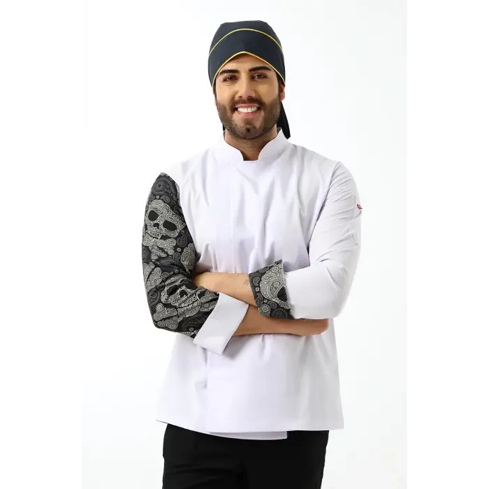 Erkek Likralı Kol Desenli Aşçı Ceket - 6401 Beyaz Kuru Kafa