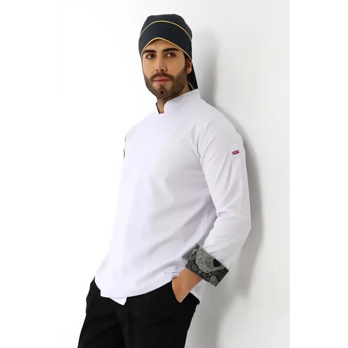 Erkek Likralı Kol Desenli Aşçı Ceket - 6401 Beyaz Kuru Kafa