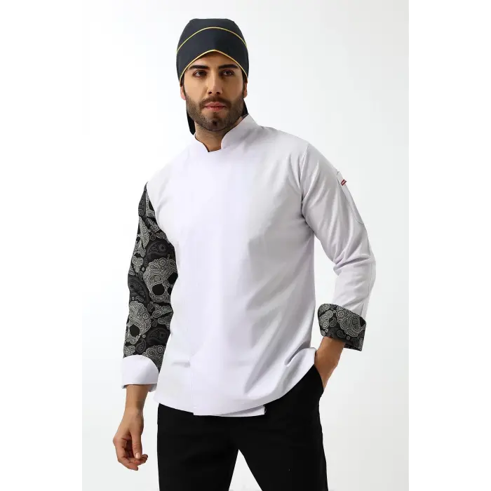 Erkek Likralı Kol Desenli Aşçı Ceket - 6401 Beyaz Kuru Kafa