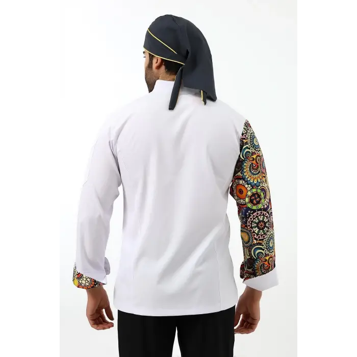 Erkek Likralı Kol Desenli Aşçı Ceket - 6401 Beyaz Renkli Daire