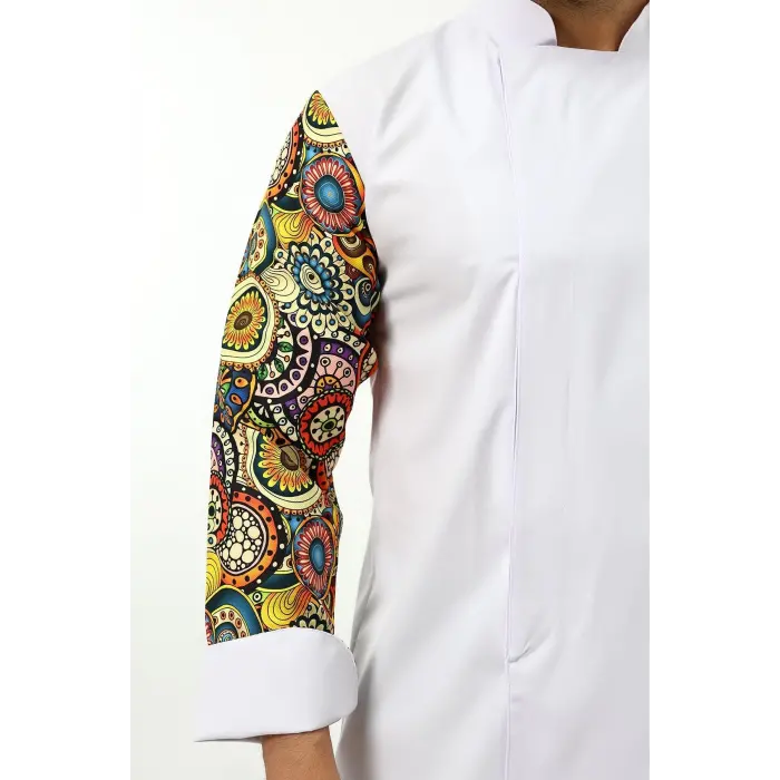 Erkek Likralı Kol Desenli Aşçı Ceket - 6401 Beyaz Renkli Daire