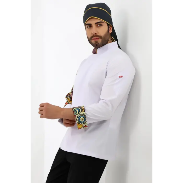 Erkek Likralı Kol Desenli Aşçı Ceket - 6401 Beyaz Renkli Daire