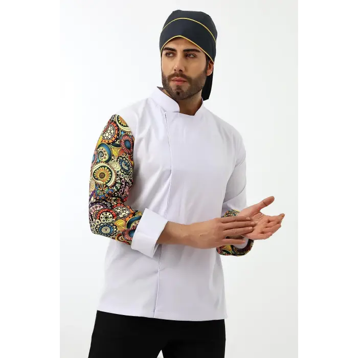 Erkek Likralı Kol Desenli Aşçı Ceket - 6401 Beyaz Renkli Daire