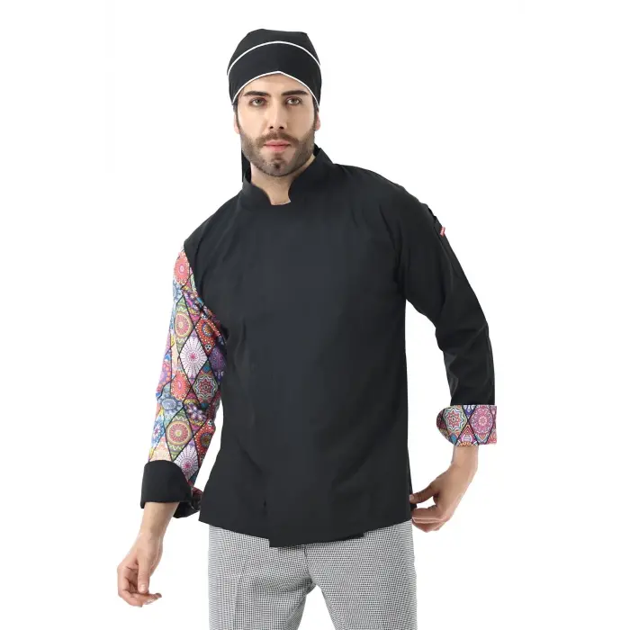 Erkek Likralı Kol Desenli Aşçı Ceket - 6403 Siyah Çini