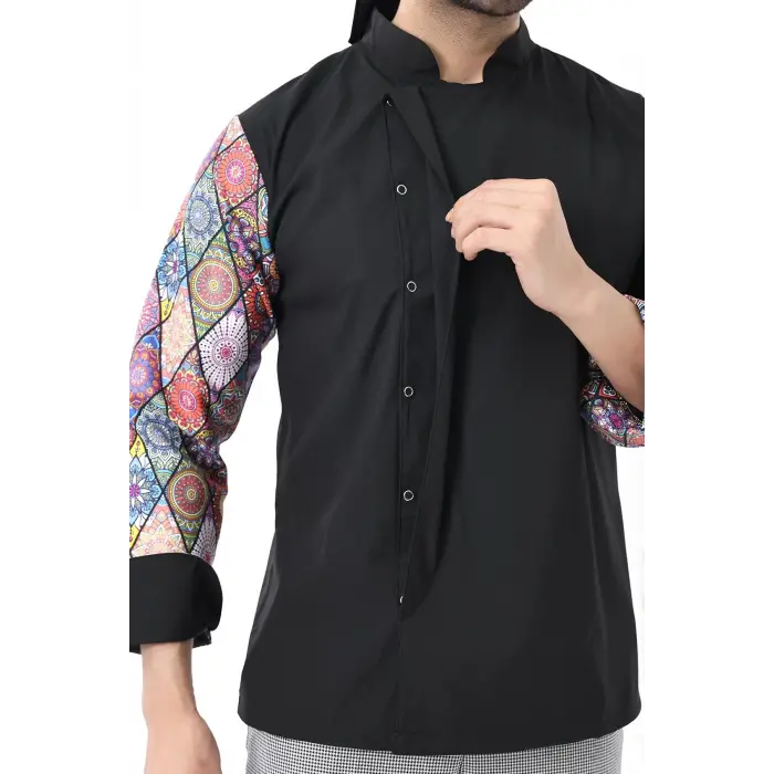 Erkek Likralı Kol Desenli Aşçı Ceket - 6403 Siyah Çini