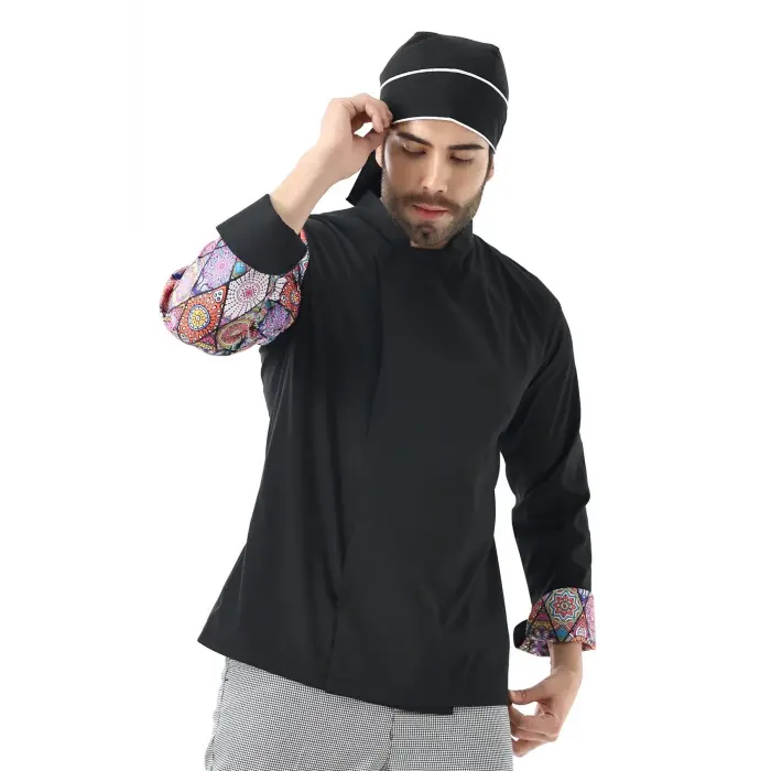 Erkek Likralı Kol Desenli Aşçı Ceket - 6403 Siyah Çini