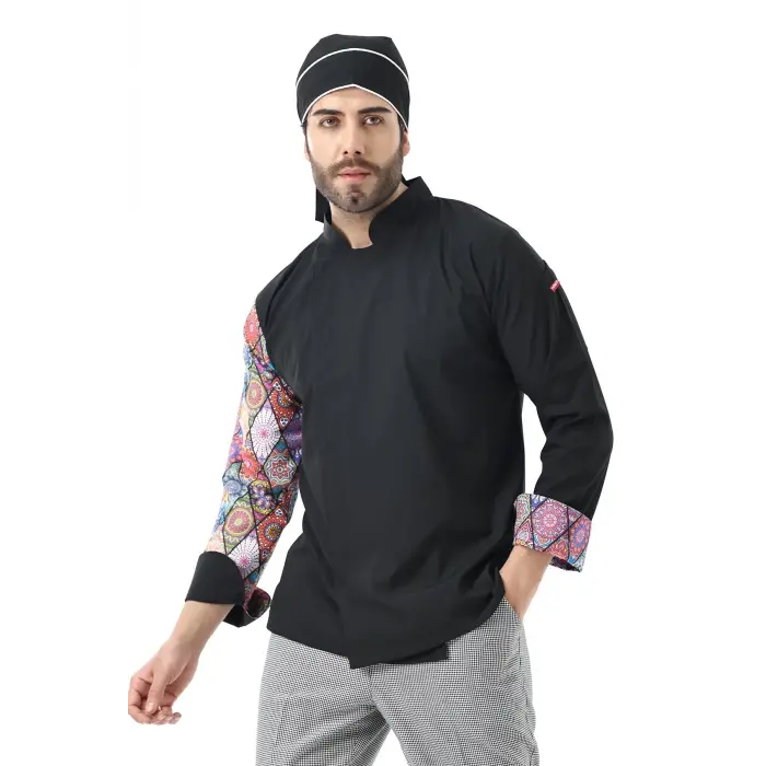 Erkek Likralı Kol Desenli Aşçı Ceket - 6403 Siyah Çini