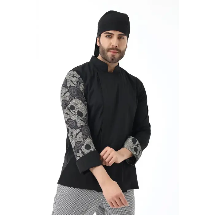 Erkek Likralı Kol Desenli Aşçı Ceket - 6403 Siyah Kuru Kafa