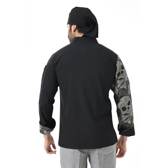 Erkek Likralı Kol Desenli Aşçı Ceket - 6403 Siyah Kuru Kafa