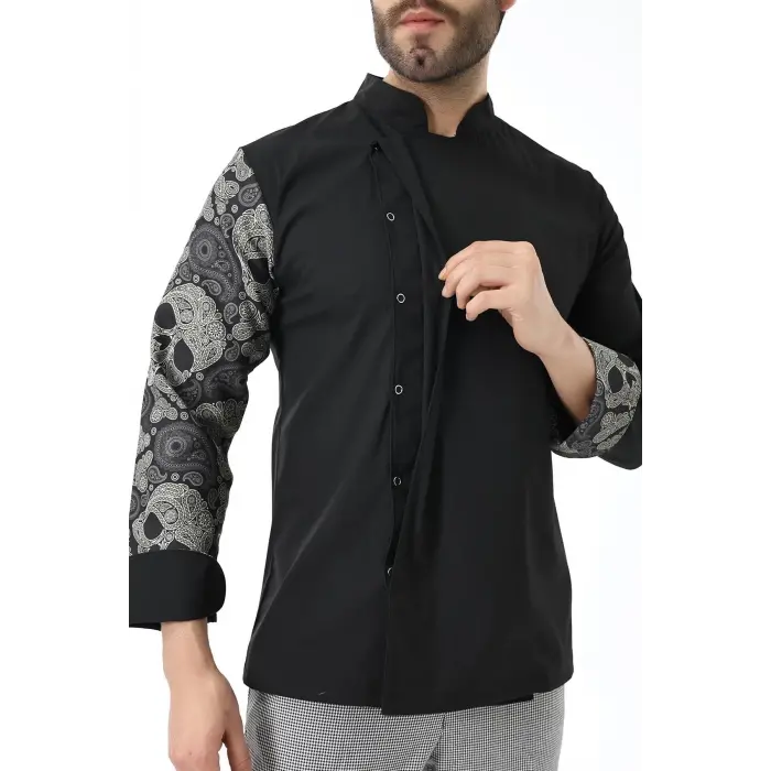 Erkek Likralı Kol Desenli Aşçı Ceket - 6403 Siyah Kuru Kafa