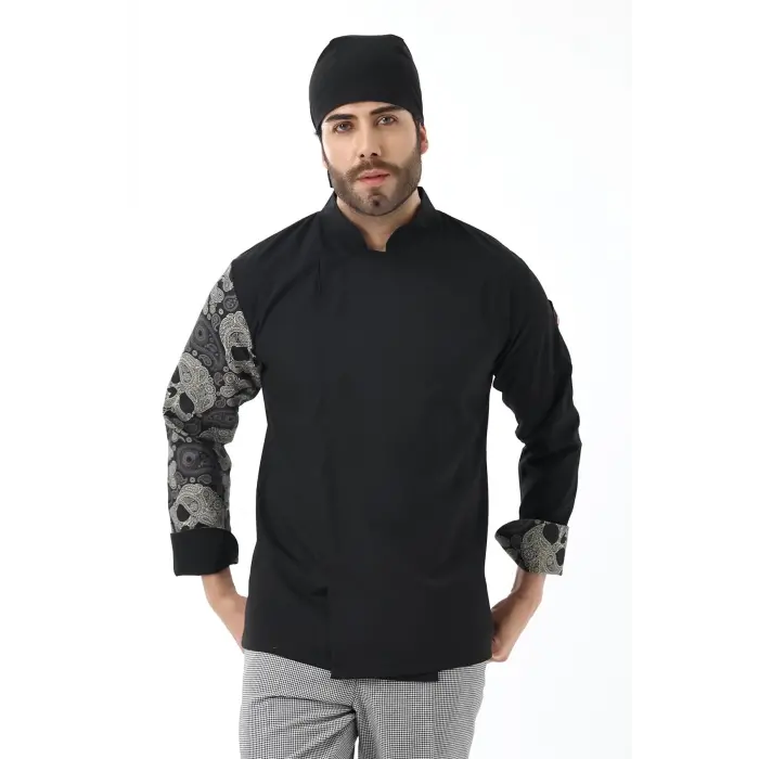 Erkek Likralı Kol Desenli Aşçı Ceket - 6403 Siyah Kuru Kafa