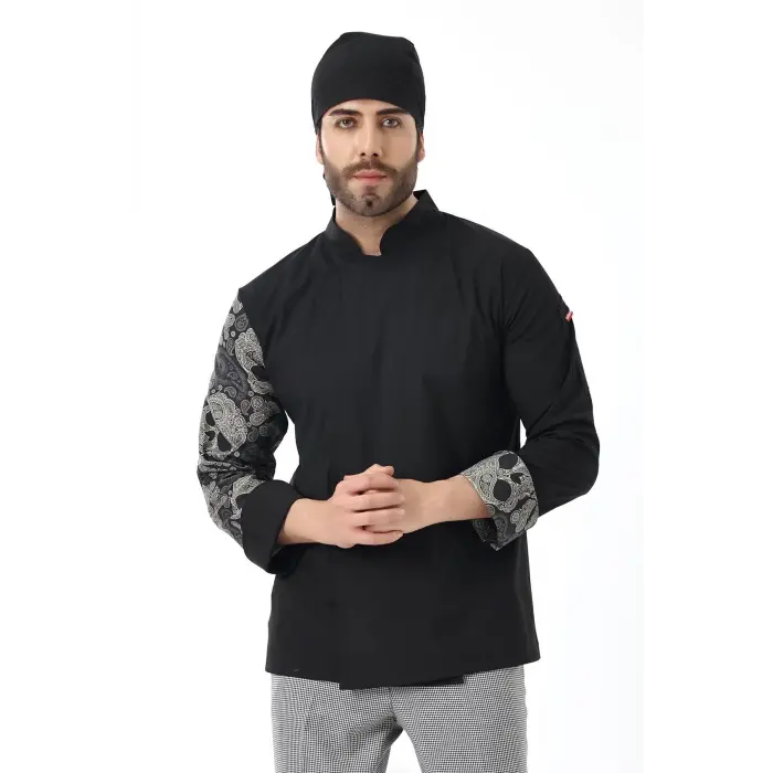 Erkek Likralı Kol Desenli Aşçı Ceket - 6403 Siyah Kuru Kafa