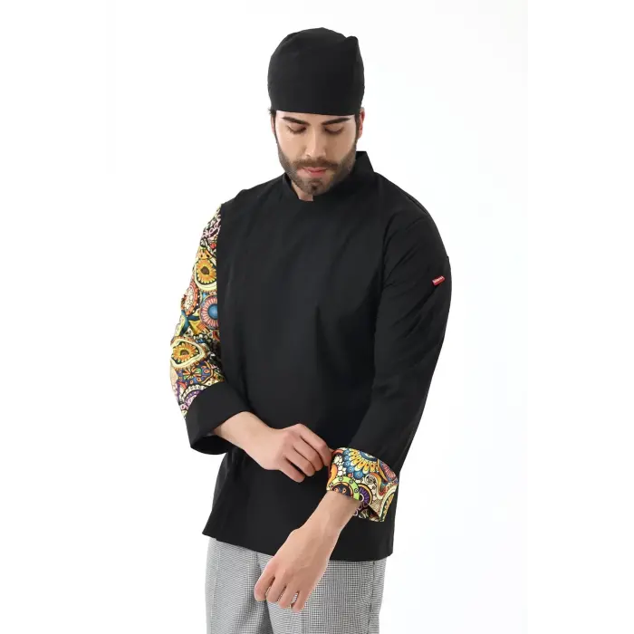 Erkek Likralı Kol Desenli Aşçı Ceket - 6403 Siyah Renkli Daire