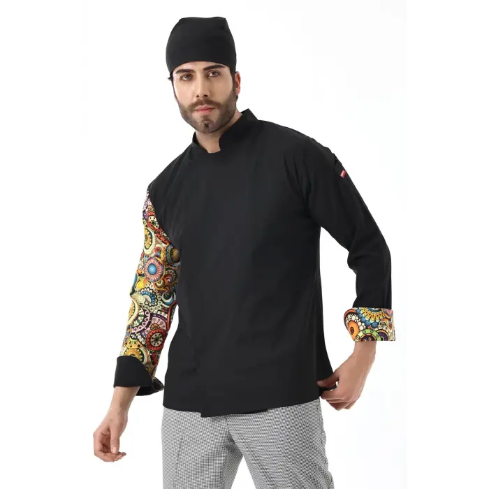 Erkek Likralı Kol Desenli Aşçı Ceket - 6403 Siyah Renkli Daire