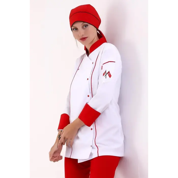 Kadın Aşçı Ceket 01 - Beyaz-kırmızı Biye