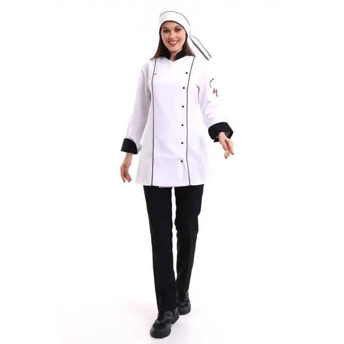 Kadın Aşçı Ceket 01 - Beyaz Siyah Biye