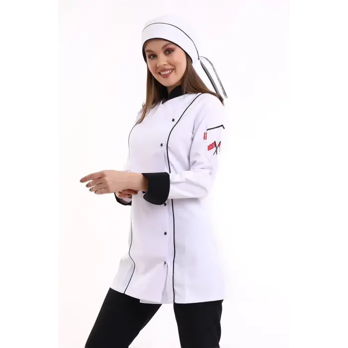 Kadın Aşçı Ceket 01 - Beyaz Siyah Biye