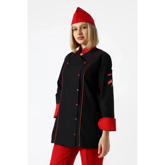 Kadın Aşçı Ceket 01 - Siyah Kırmızı Biye