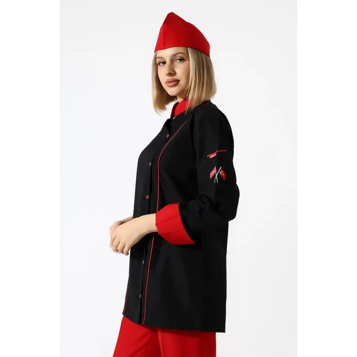 Kadın Aşçı Ceket 01 - Siyah Kırmızı Biye