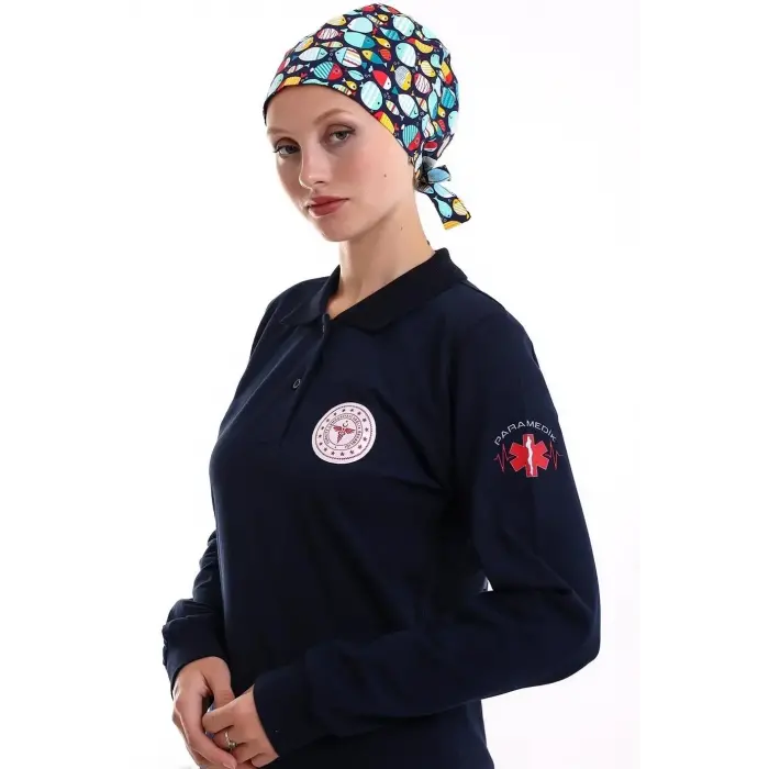 Paramedik Yakalı Tunik Nakışlı - Lacivert