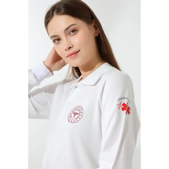 Paramedik Yakalı Unisex Tshirt Uzun Kol - Beyaz