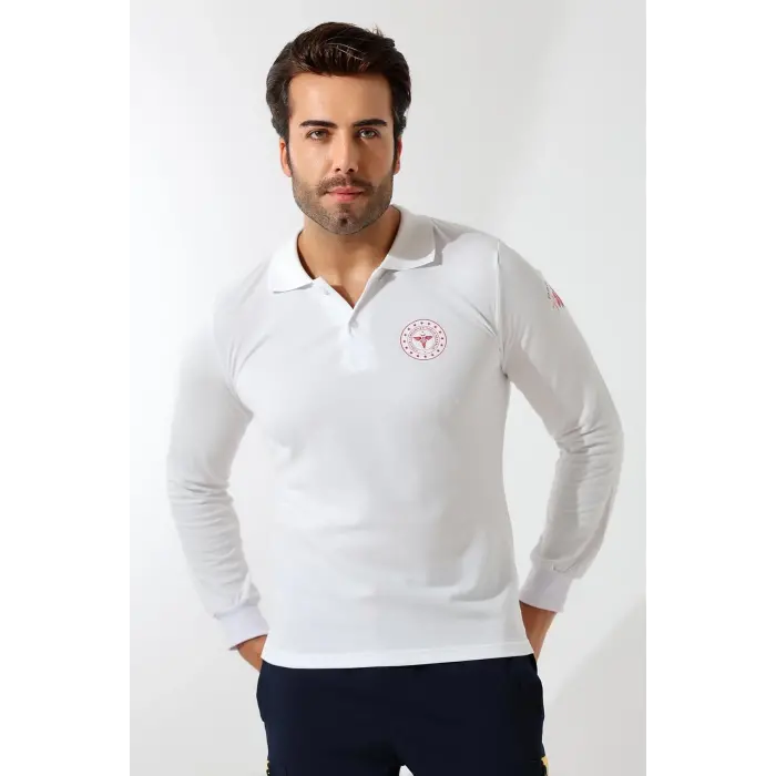 Paramedik Yakalı Unisex Tshirt Uzun Kol - Beyaz