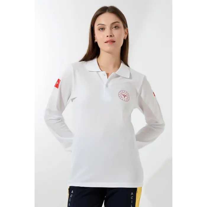 Paramedik Yakalı Unisex Tshirt Uzun Kol - Beyaz
