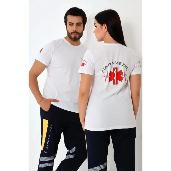 Paramedik Yuvarlak Yaka Penye Kısa Kol Tshirt - Beyaz
