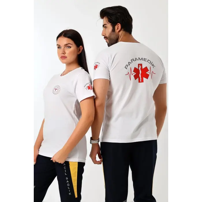 Paramedik Yuvarlak Yaka Penye Kısa Kol Tshirt - Beyaz