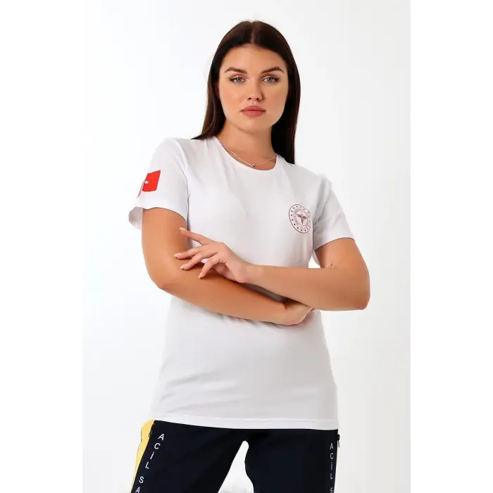 Paramedik Yuvarlak Yaka Penye Kısa Kol Tshirt - Beyaz