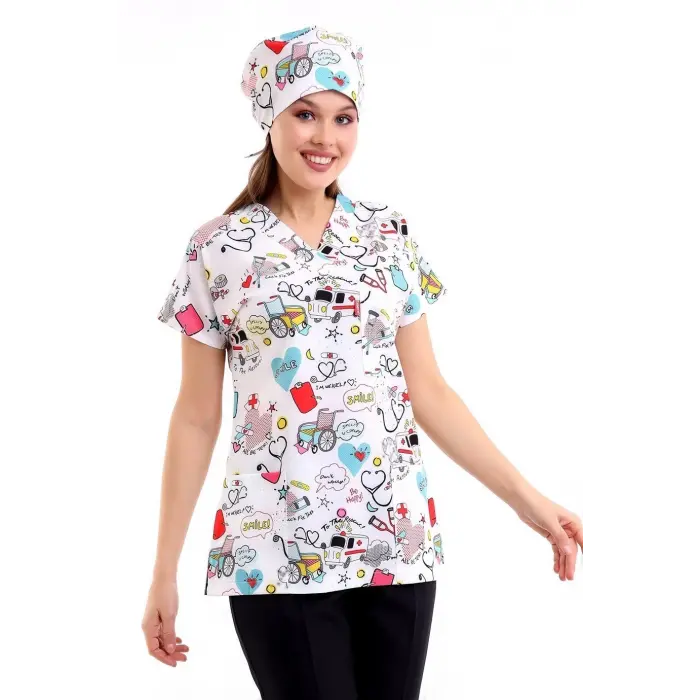 Yarasa Kol Dijital Unisex Desenli Üst - 6503 Beyaz Stetoskop