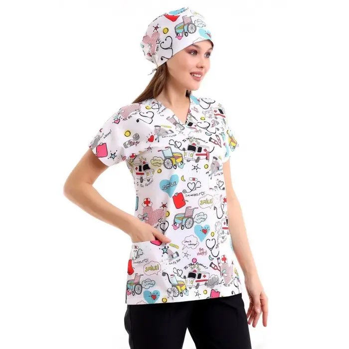 Yarasa Kol Dijital Unisex Desenli Üst - 6503 Beyaz Stetoskop