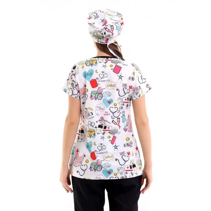 Yarasa Kol Dijital Unisex Desenli Üst - 6503 Beyaz Stetoskop