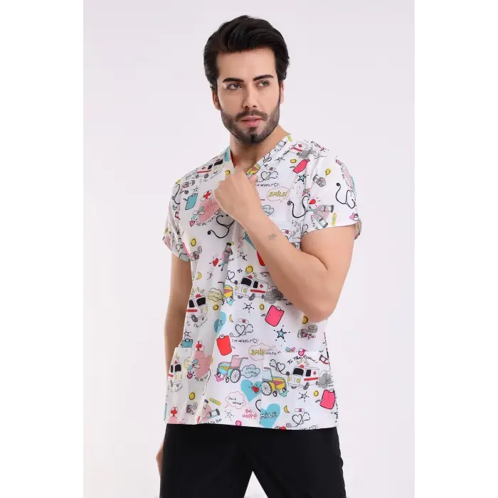 Yarasa Kol Dijital Unisex Desenli Üst - 6503 Beyaz Stetoskop