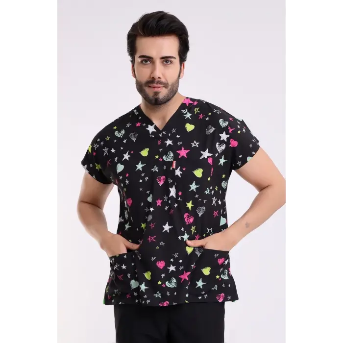 Yarasa Kol Dijital Unisex Desenli Üst - 6506 Siyah Yıldız Kalp