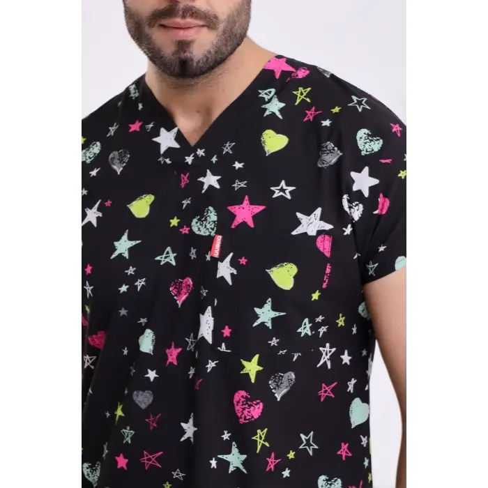 Yarasa Kol Dijital Unisex Desenli Üst - 6506 Siyah Yıldız Kalp