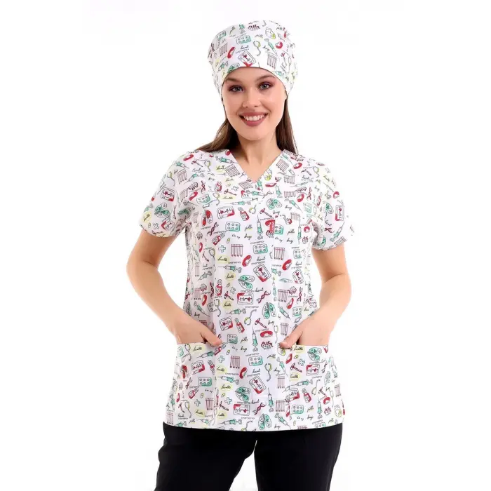 Yarasa Kol Dijital Unisex Desenli Üst - 6518 Beyaz Sağlık Sembolleri