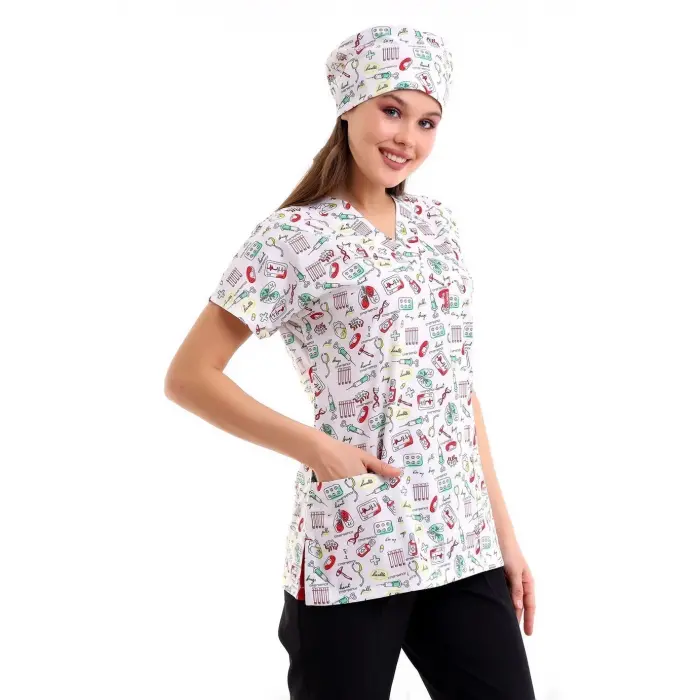 Yarasa Kol Dijital Unisex Desenli Üst - 6518 Beyaz Sağlık Sembolleri