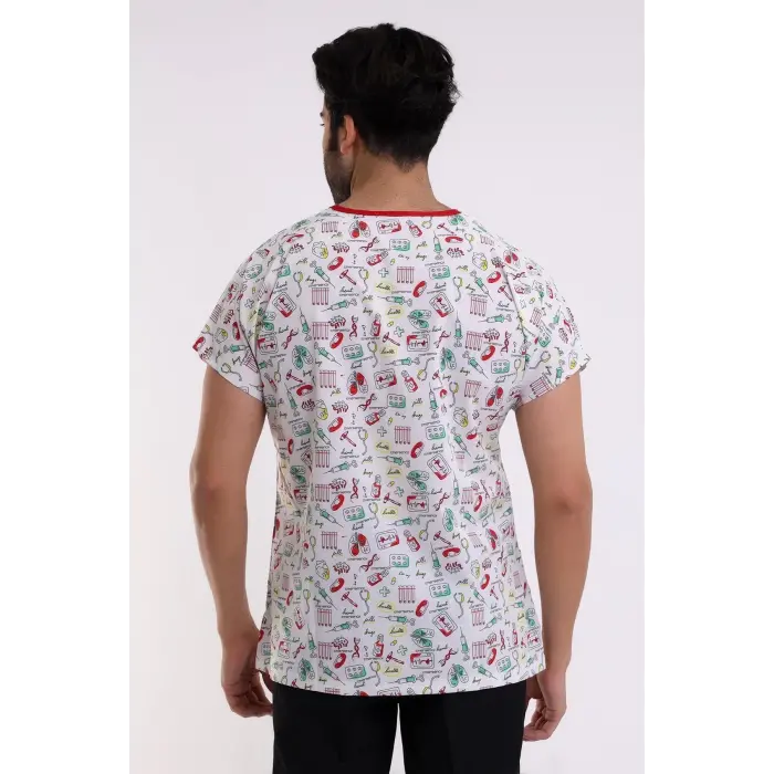 Yarasa Kol Dijital Unisex Desenli Üst - 6518 Beyaz Sağlık Sembolleri