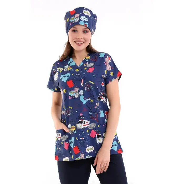 Yarasa Kol Dijital Unisex Desenli Üst - 6525 Lacivert Stetoskop