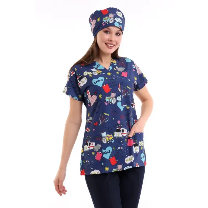 Yarasa Kol Dijital Unisex Desenli Üst - 6525 Lacivert Stetoskop