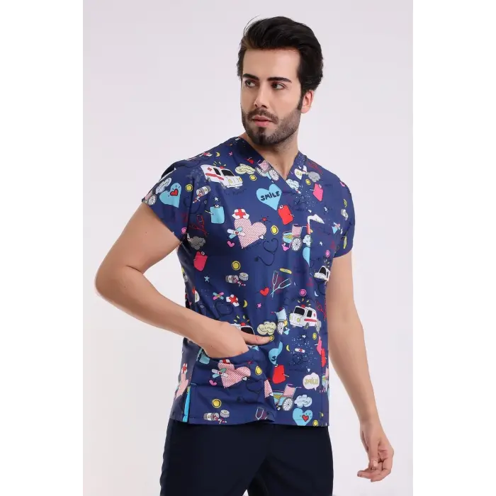 Yarasa Kol Dijital Unisex Desenli Üst - 6525 Lacivert Stetoskop