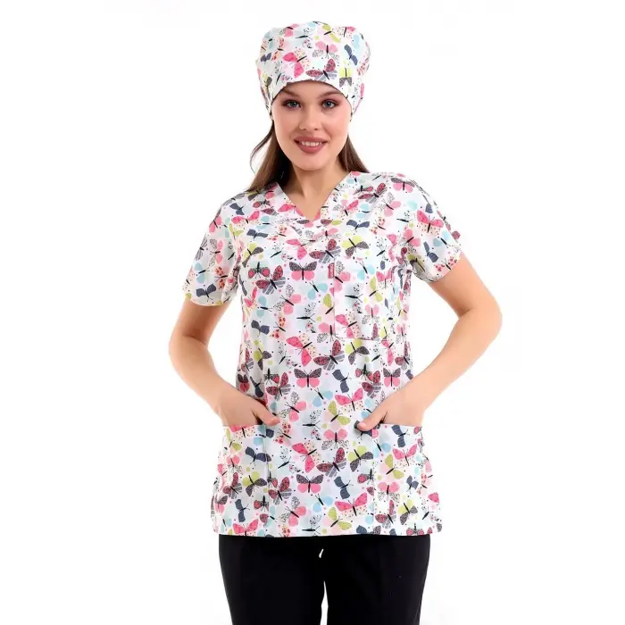 Yarasa Kol Dijital Unisex Desenli Üst - 6527 Beyaz Kelebek