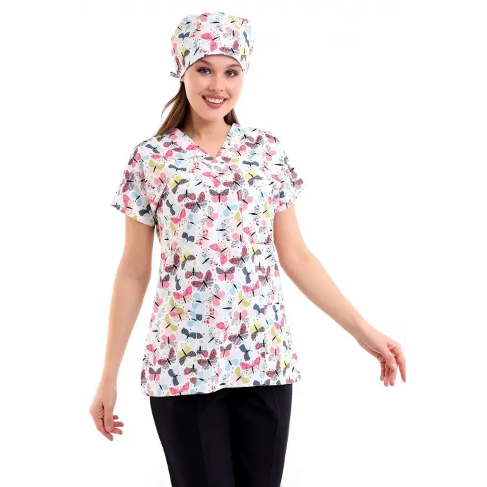 Yarasa Kol Dijital Unisex Desenli Üst - 6527 Beyaz Kelebek