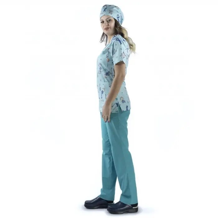 Zarf Yaka Desenli Üst - 3702 Su Yeşili Sağlıkçı